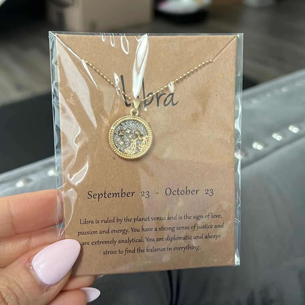 NWT Libra Constellation Gold Chain Zodiac Sign Round Pendant Necklace
